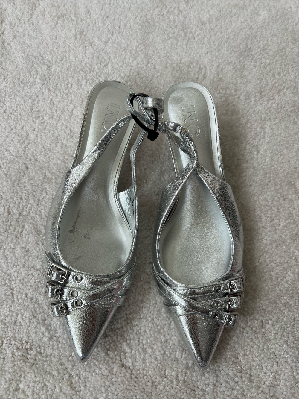 INC International Concepts Metallic Silver Pointed Slingback Flats